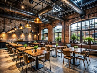 Naklejka premium Industrial Warehouse Eatery: Edgy, Urban, Exposed Brick, Black, Industrial Chic