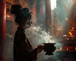 Sacred Whispers: A woman finds solace and connection amidst the swirling incense smoke of a vibrant temple, her serene profile illuminated by the warm glow of candlelight.