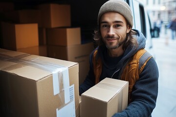 Courier loads or unloads delivery van