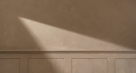 Background with beige paneling wall with shelf and product space. Stylish, minimal, panoramic, banner style background in ash, grey color for product presentation. 