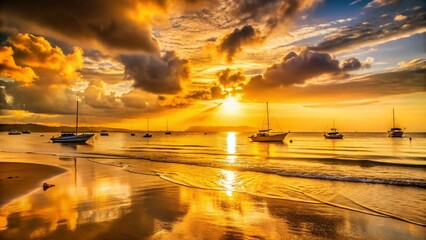 Luminous Shores: Sun setting over a sandy beach, casting a golden glow on the water, distant boats or birds, ethereal, shimmering, warm yellow and orange tones.