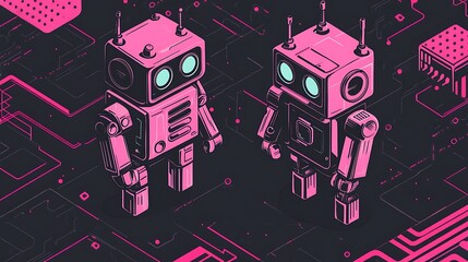 Futuristic Isometric Illustration of Quirky Robots in Neon Pink and Black with Circuitry Designs