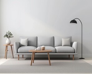 style living room, gray sofa with three seats and coffee table in front of it, white walls behind the wall