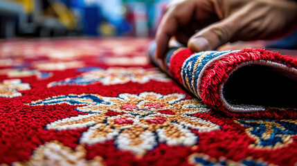 Craftsman rolling a vibrant red carpet in workshop