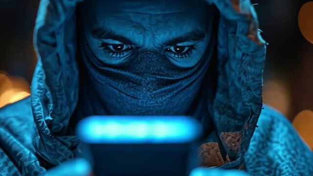 Concepts of hacking, darkweb, and darknet. hacker carrying a phone. Man utilising a smartphone and the dark web. Cybersecurity danger, online scam, and mobile phone fraud