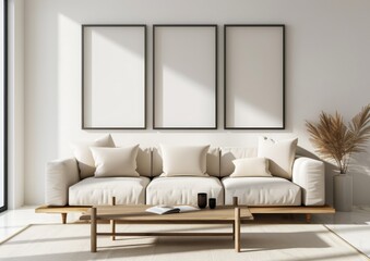 living room with a large blank frame mockup on the wall, a white sofa and coffee table, soft natural light