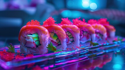 Neon Sushi: A vibrant and colorful plate of sushi rolls, illuminated by neon lights, showcasing a modern and artistic approach to Japanese cuisine