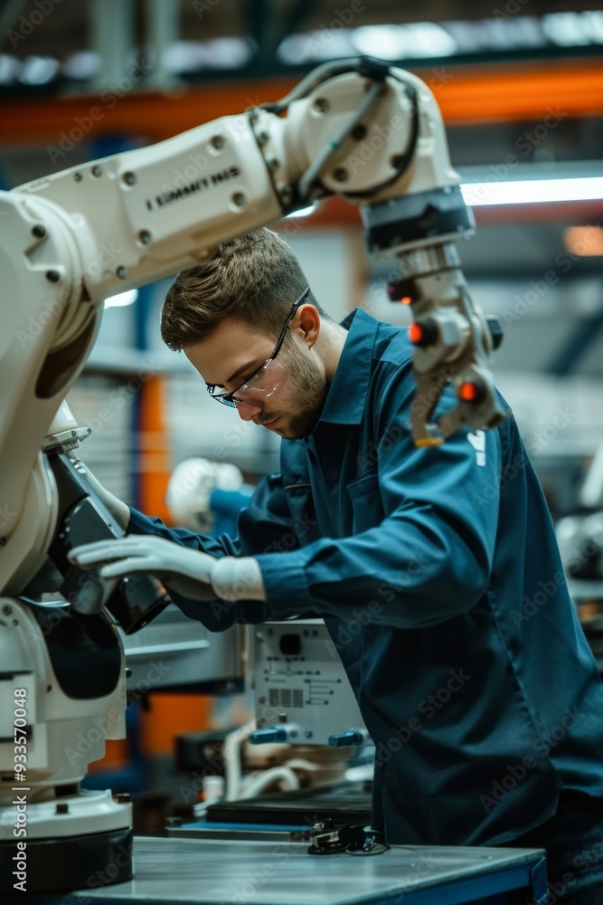 Poster engineer installing and testing an industrial robot in a manufacturing setting, showcasing advanced 