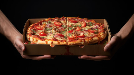 A person is carefully holding a delicious pizza that is placed inside a classic cardboard box, ready to be enjoyed by everyone