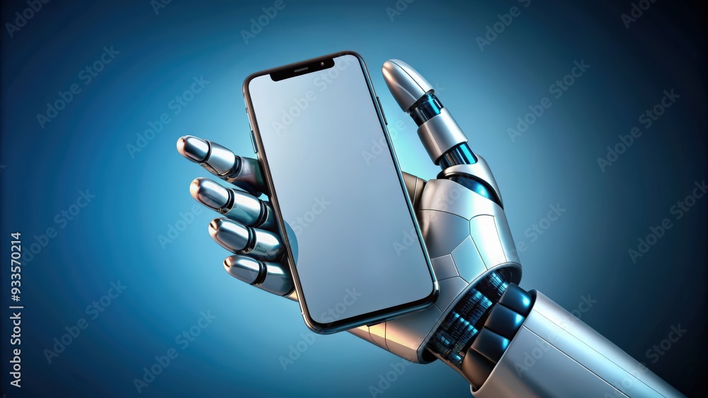 Poster mano de robot o cyborg sosteniendo un tel?fono m?vil moderno, robot hand, cyborg, mobile phone