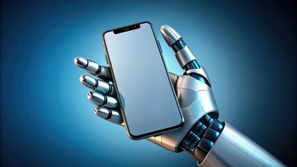 Mano de robot o cyborg sosteniendo un tel?fono m?vil moderno, robot hand, cyborg, mobile phone