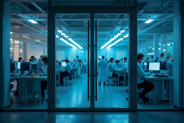 Scientist, engineers, men and women in white lab coat inside a closed glass room working on top secret research and development (R&D). A tech support group. A restricted access facility, laboratory.
