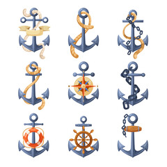 Marine-themed anchor set featuring various designs with ropes, chains, and nautical elements on a white background. Concept of sea and ocean. Vector illustration