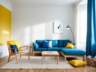 A modern Scandinavian living room with blue and yellow accents, showcasing a simple wooden chair, soft throw pillows, a low coffee table, and a stylish floor lamp.