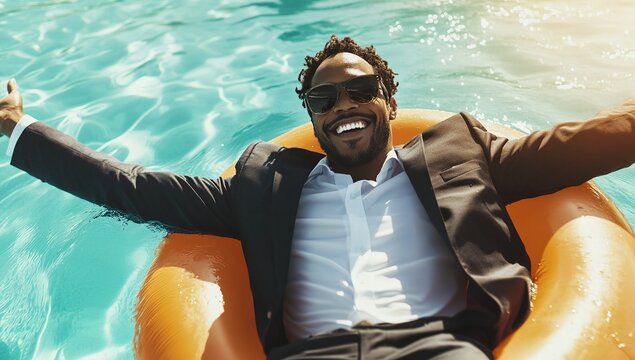 Happy black businessman in sunglasses floating on an inflatable ring in a pool