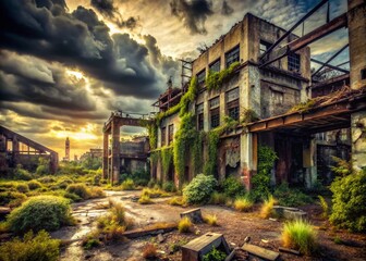 Fototapeta premium Post-Apocalyptic Desolation: Decayed, rusted, abandoned, overgrown, muted tones, HDR