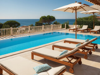 Fototapeta premium A spacious terrace in a coastal villa, with cushioned sun beds arranged around a private pool.