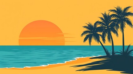 Fototapeta premium Serene Tropical Sunset Beach with Palm Trees Silhouettes in Flat and Hand-Drawn Design on Yellow Background - Creative Icon Concept Illustration