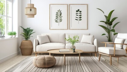 Obraz premium living room with a large blank frame mockup on the wall, a white sofa and coffee table, soft natural light