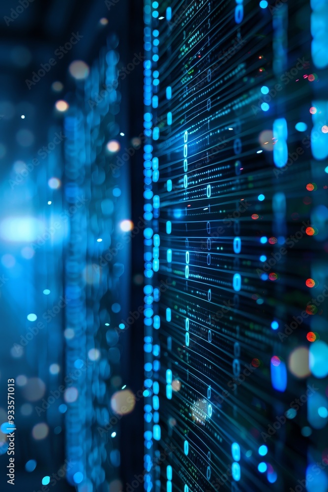 Poster futuristic server room with binary code flow, big data concept, data center technology