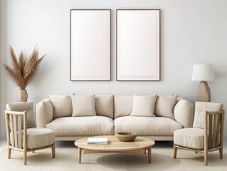 living room with a large blank frame mockup on the wall, a white sofa and coffee table, soft natural light