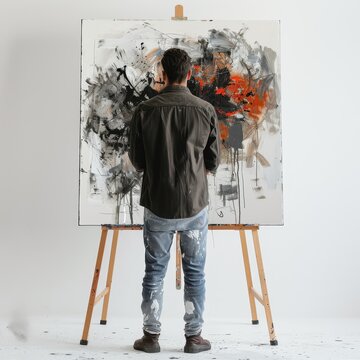 The Artist's Gaze: A painter contemplates his abstract masterpiece, lost in the world he's created on canvas.