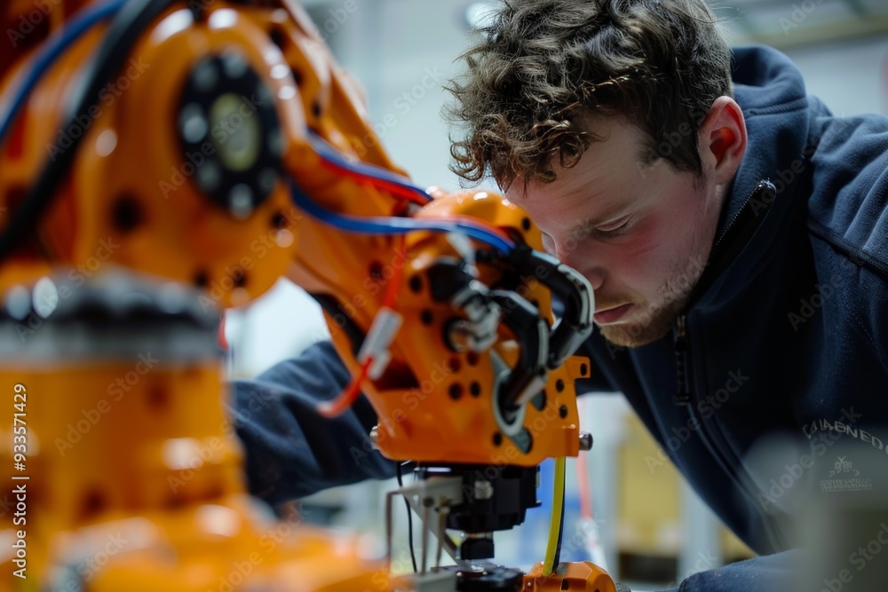 Poster engineer installing and testing an industrial robot in a manufacturing setting, showcasing advanced 