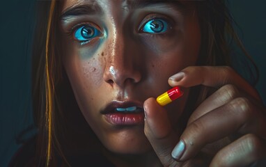 Close-up of a woman's hand holding a red and yellow pill, highlighting the details of the medication.