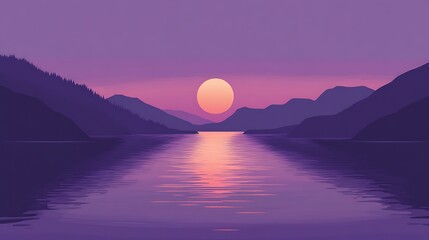 Tranquil River Sunset with Minimalist Logo on Lavender Background - Hand-drawn Sketch in Violet and Indigo, Flat Design Scene