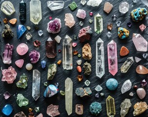 Assorted colorful crystals and stones arranged on a dark surface, showcasing a variety of shapes and colors