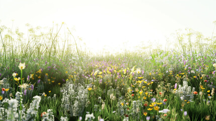 Peaceful meadow filled with tall grass and wildflowers under a soft, hazy sky.