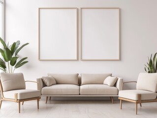 Naklejka premium living room with a large blank frame mockup on the wall, a white sofa and coffee table, soft natural light