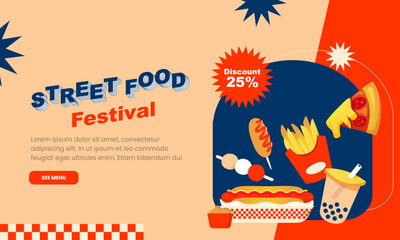 Vector illustration with hot dog sausages, french fries, pizza, drink. Street Food Festival concept design, poster or layout. Template for banner, flyer, menu, bbq, truck