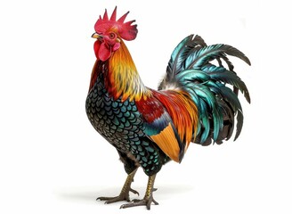 Fototapeta premium Rooster in Full Feather: A vibrant and majestic rooster stands proudly, showcasing his iridescent plumage and striking red comb
