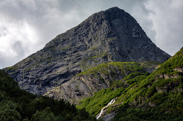 View of the Kleivafossen Waterfall near Briksdal Glacier in Norway.