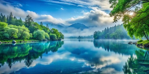 Obraz premium Serene Escape: Tranquil blues, soft whites, muted greens, meditative, peaceful, rejuvenating, calming, ethereal, inspiring