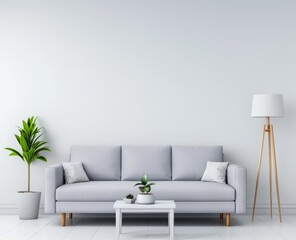 Naklejka premium style living room, gray sofa with three seats and coffee table in front of it, white walls behind the wall