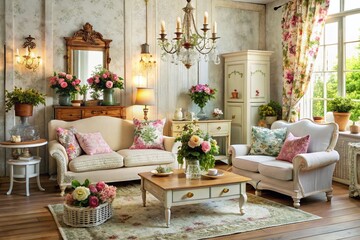 Shabby Chic Charm: White, distressed furniture, floral patterns, antique finds, cozy