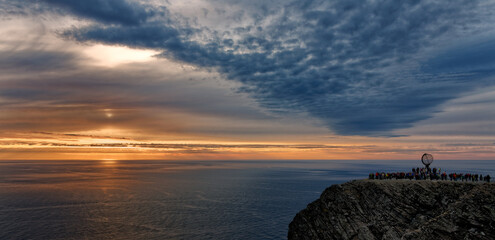 Panoramic view of North Cape plateau and globe at midnight, Norway.