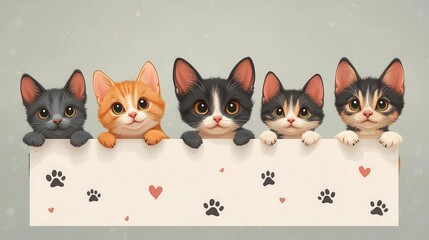 whimsical illustration of adorable cartoon dogs and cats peeking playfully from behind a pristine white banner set against a pastel background with paw prints and heart motifs