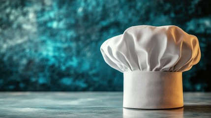 A stylish chef hat positioned dynamically on a clean surface, with ample copy space around it for text or branding, conveying culinary expertise.