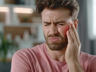 Man experiencing dental pain while sitting at home in a relaxed environment during the day