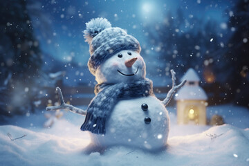 Merry christmas and happy new year greeting card with copy-space. Happy snowman standing in christmas landscape. Snow background. Winter fairytale.