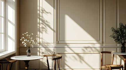 A minimalist dining room with two chairs and tables. The sun is shining through the window casting light onto the white walls and creating shadows.