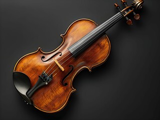 Fototapeta premium A beautifully crafted violin resting on a dark surface, showcasing its rich wood grain and elegant shape