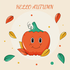 Autumn poster with pumpkin and leaves in groovy style. Hello autumn. Vector.