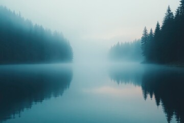 Fototapeta premium Misty Morning on a Serene Lake Surrounded by Trees