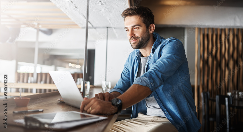 Poster laptop, remote work and smile with man in coffee shop for networking or online planning. computer, r