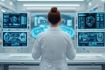 A scientist in a white lab coat, analyzing holographic data streams, surrounded by floating digital screens, futuristic lab, blue neon light