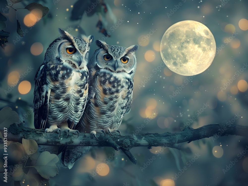 Poster two owls perched on a branch under a glowing moon at night surrounded by soft bokeh lights